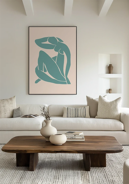 Gestileerde Zittende Figuur Blauwgroen Lichtroze Abstract Schilderij