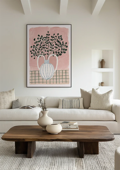 Weiße Vase Blaue Streifen Pflanze Rosa Hintergrund Grün Karierte Tischdecke Gemälde