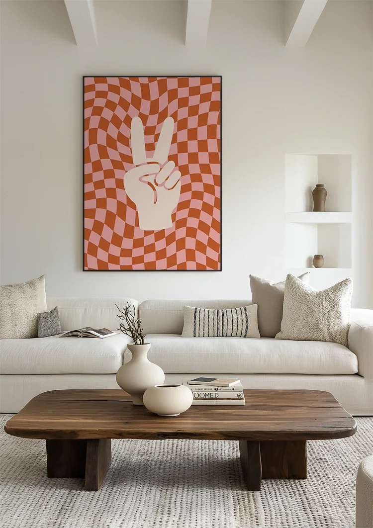 Peace Sign Hand Orange Pink Retro Checkered Painting