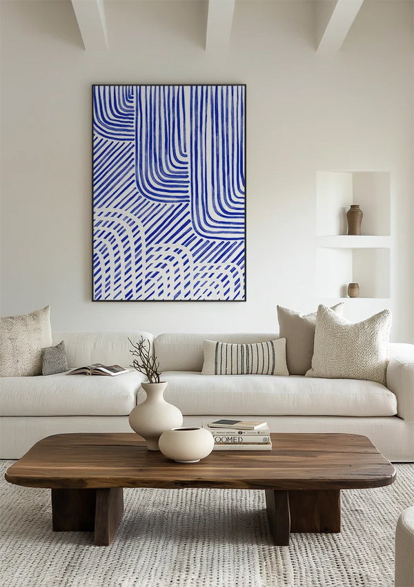 Blaue wellenförmige und gerade Linien, weißer Hintergrund, abstraktes Gemälde