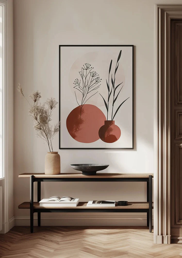 Minimalistische Vasen, botanische Motive, Terrakottatöne, Gemälde