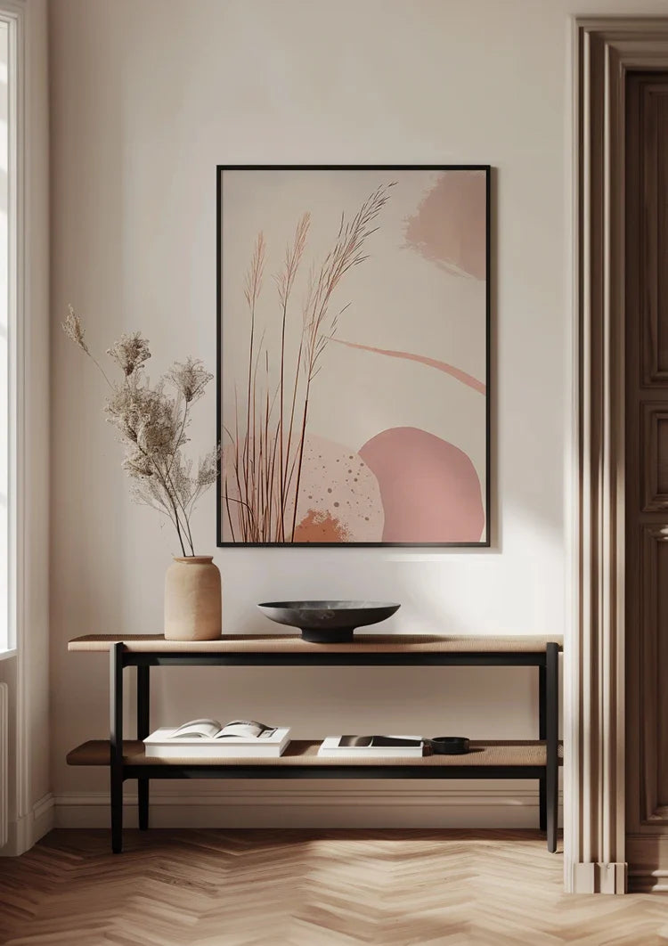 Zachte Roze Grassen op Pastel Achtergrond Botanisch Abstract Schilderij