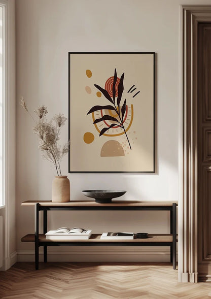 Gestileerde Plant met Bladeren en Abstracte Vormen Botanisch Schilderij
