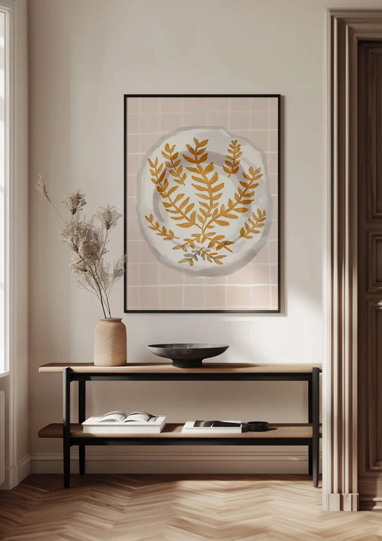 White Plate with Gold Leaf Motif Pink Checkered Background Painting