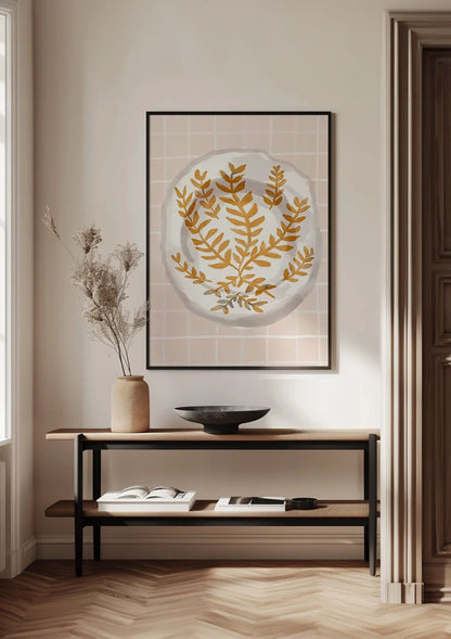 White Plate with Gold Leaf Motif Pink Checkered Background Painting