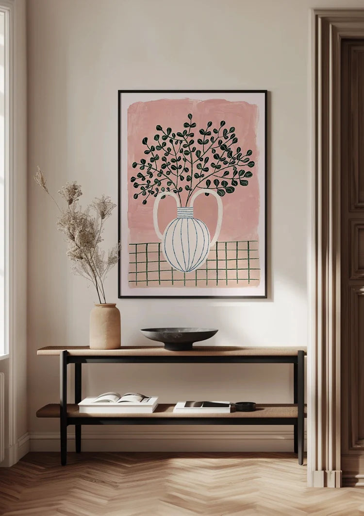 Weiße Vase Blaue Streifen Pflanze Rosa Hintergrund Grün Karierte Tischdecke Gemälde