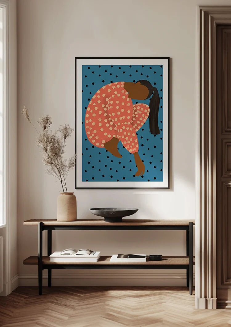 Posing Woman Red Polka Dot Dress Blue Background Graphic Painting