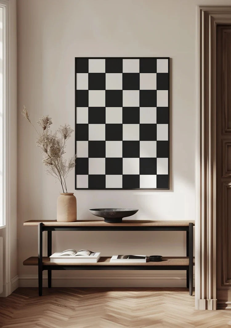 Schwarz-weißes Schachbrettmuster, klassisches, geometrisches Gemälde