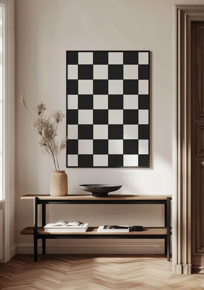 Schwarz-weißes Schachbrettmuster, klassisches, geometrisches Gemälde