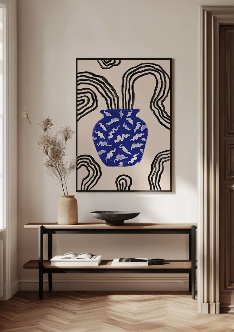 Blue Vase White Motifs Beige Background Black Waves Graphic Painting