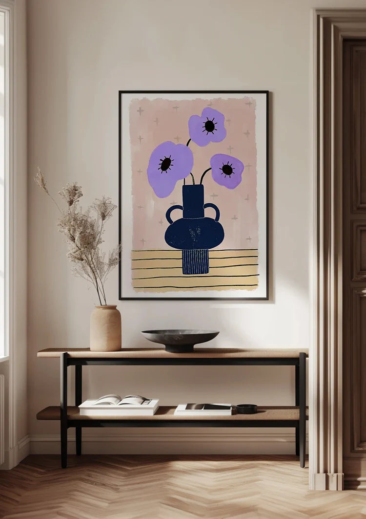 Lila Lavendelblüten Dunkelblaue Vase Botanisches Gemälde