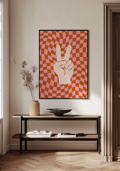 Peace Sign Hand Orange Pink Retro Checkered Painting