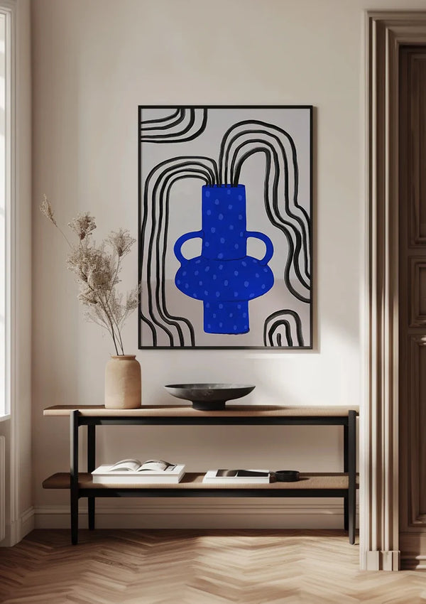 Blau Getupfte Vase mit Schwarzen Wellenlinien Abstraktes Gemälde