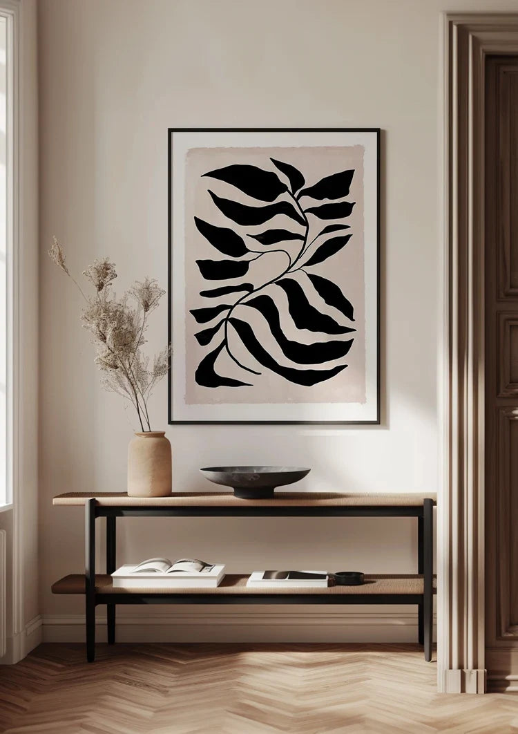 Graphic Sheet Black White Wavy Leaves Cream Background Painting