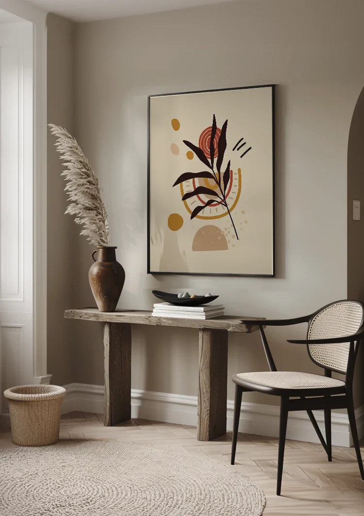 Gestileerde Plant met Bladeren en Abstracte Vormen Botanisch Schilderij