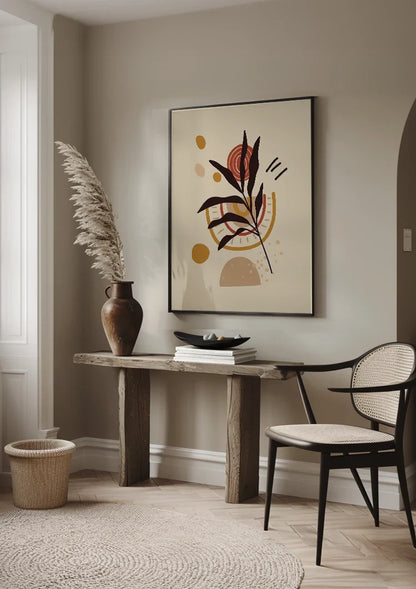 Gestileerde Plant met Bladeren en Abstracte Vormen Botanisch Schilderij