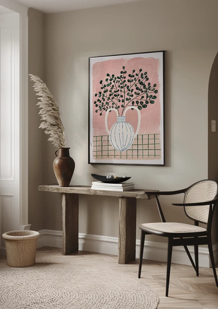 Weiße Vase Blaue Streifen Pflanze Rosa Hintergrund Grün Karierte Tischdecke Gemälde