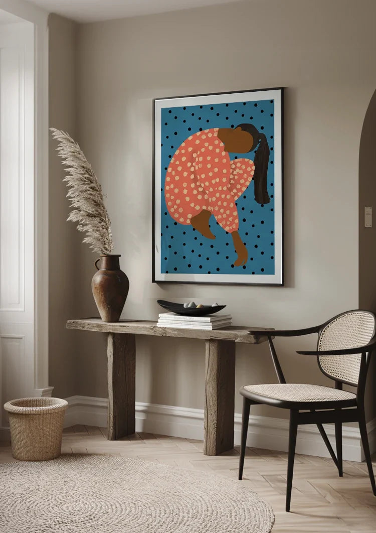 Posing Woman Red Polka Dot Dress Blue Background Graphic Painting