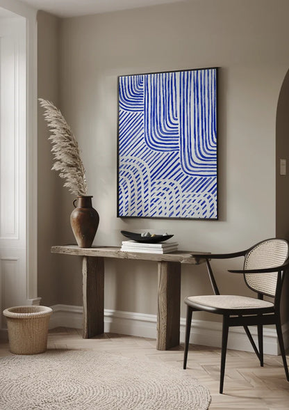 Blaue wellenförmige und gerade Linien, weißer Hintergrund, abstraktes Gemälde
