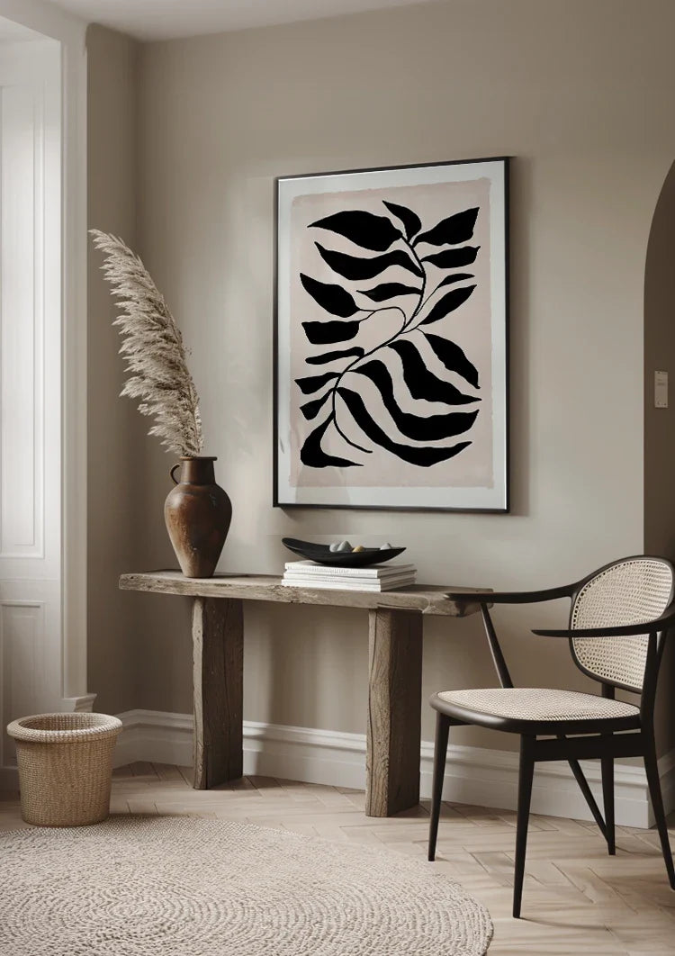 Graphic Sheet Black White Wavy Leaves Cream Background Painting