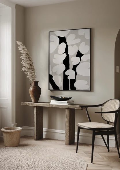 Weiße Blütenblätter Silhouetten Grau Schwarz Minimalistisches Gemälde