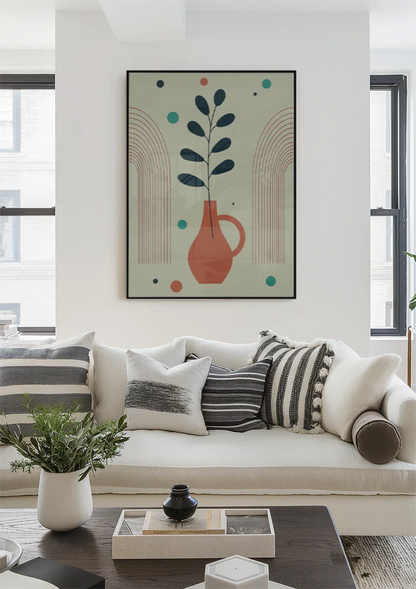 Terracotta Vase Plant Abstract Arches Colorful Dots Painting