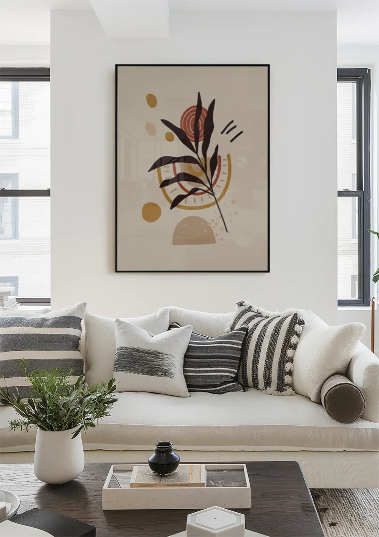 Gestileerde Plant met Bladeren en Abstracte Vormen Botanisch Schilderij