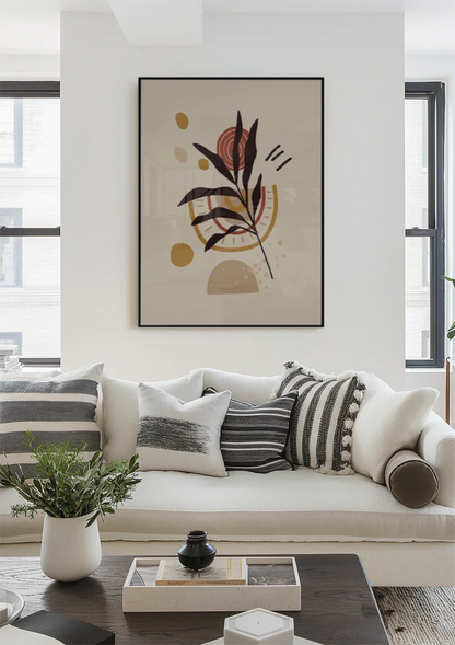 Gestileerde Plant met Bladeren en Abstracte Vormen Botanisch Schilderij