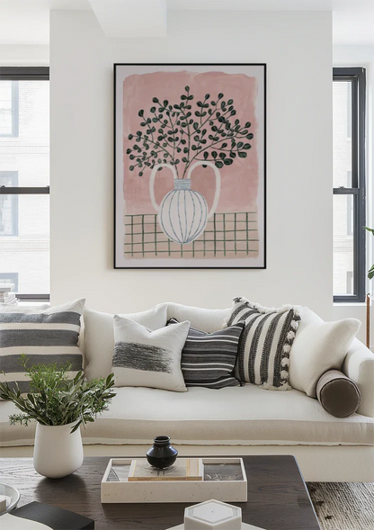 Weiße Vase Blaue Streifen Pflanze Rosa Hintergrund Grün Karierte Tischdecke Gemälde