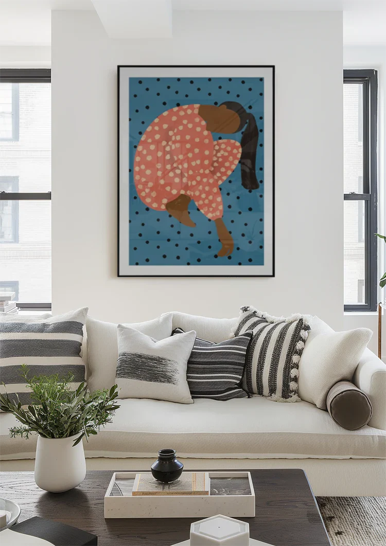 Posing Woman Red Polka Dot Dress Blue Background Graphic Painting