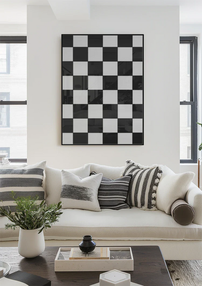 Schwarz-weißes Schachbrettmuster, klassisches, geometrisches Gemälde