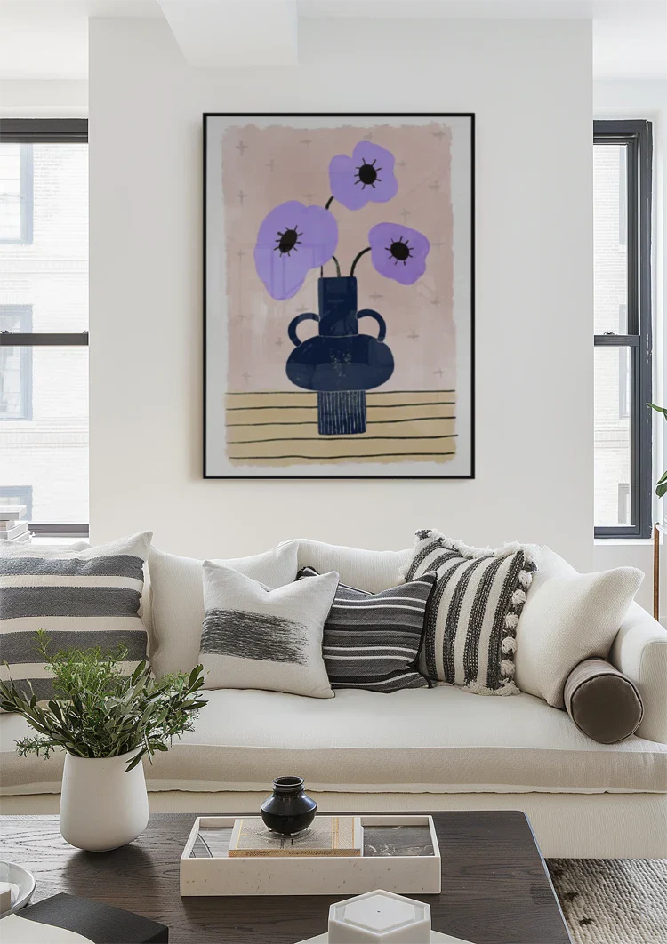 Lila Lavendelblüten Dunkelblaue Vase Botanisches Gemälde