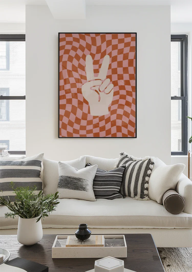 Peace Sign Hand Orange Pink Retro Checkered Painting