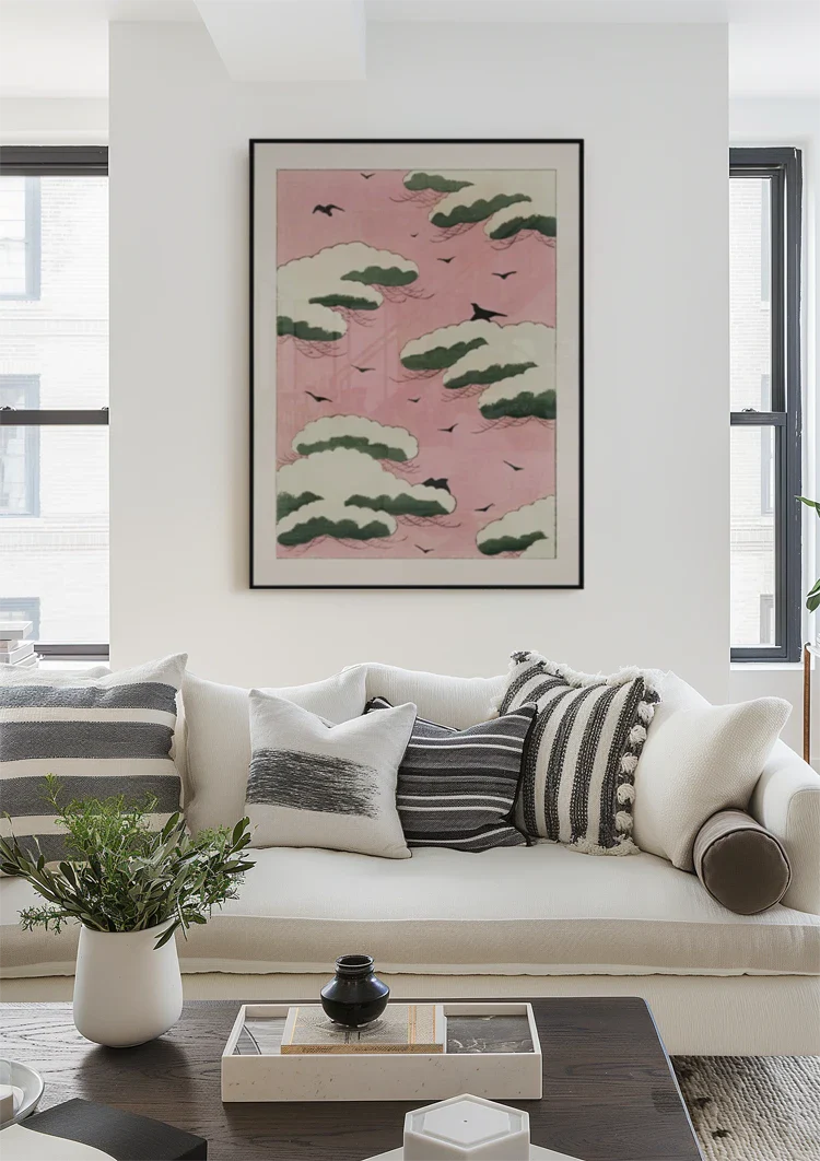 Japanisches Rosa Himmel Grüne Wolken Schwarze Vögel Gemälde