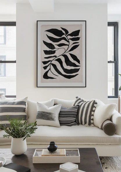 Graphic Sheet Black White Wavy Leaves Cream Background Painting