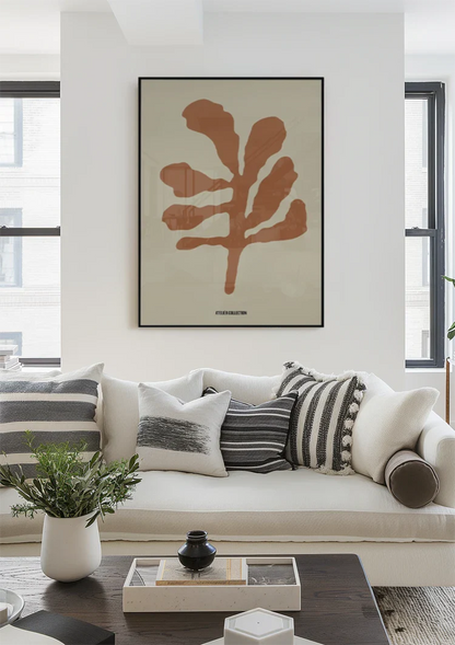 Terracotta Blad Minimalistisch Botanische Illustratie Beige Schilderij