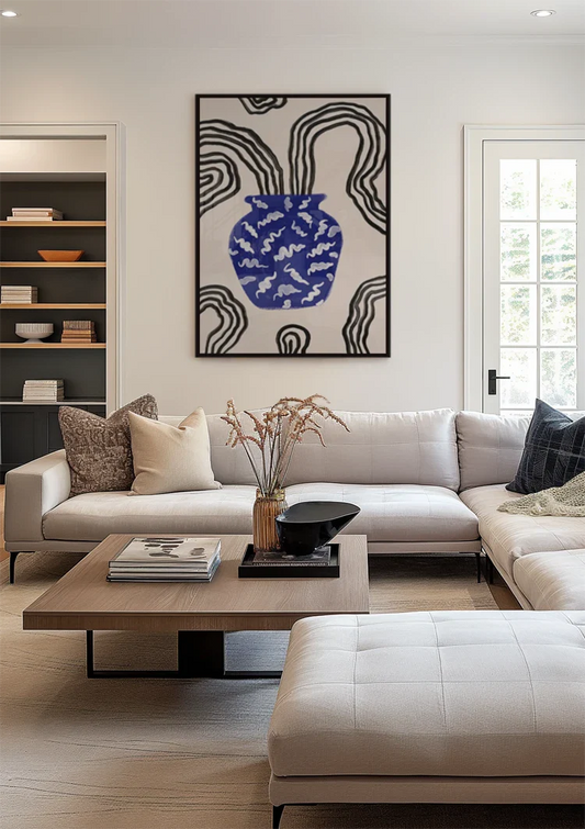 Blauwe Vaas Witte Motieven Beige Achtergrond Zwarte Golven Grafisch Canvas Schilderij