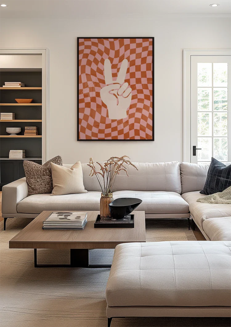 Peace Sign Hand Orange Pink Retro Checkered Painting