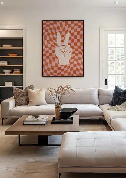 Peace Sign Hand Orange Pink Retro Checkered Painting