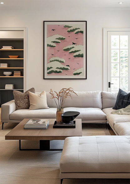 Japanisches Rosa Himmel Grüne Wolken Schwarze Vögel Gemälde