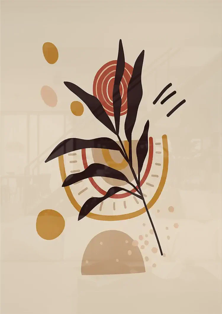 Gestileerde Plant met Bladeren en Abstracte Vormen Botanisch Schilderij