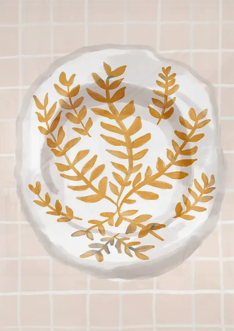White Plate with Gold Leaf Motif Pink Checkered Background Painting