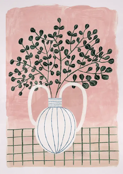 Weiße Vase Blaue Streifen Pflanze Rosa Hintergrund Grün Karierte Tischdecke Gemälde