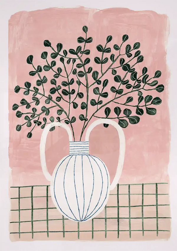 Weiße Vase Blaue Streifen Pflanze Rosa Hintergrund Grün Karierte Tischdecke Gemälde