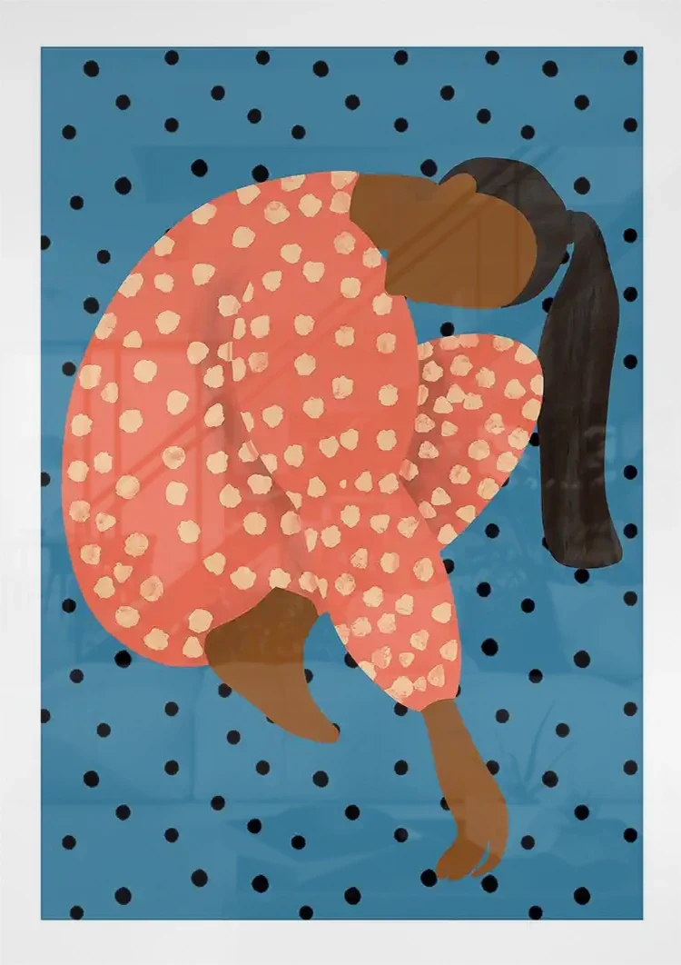 Posing Woman Red Polka Dot Dress Blue Background Graphic Painting