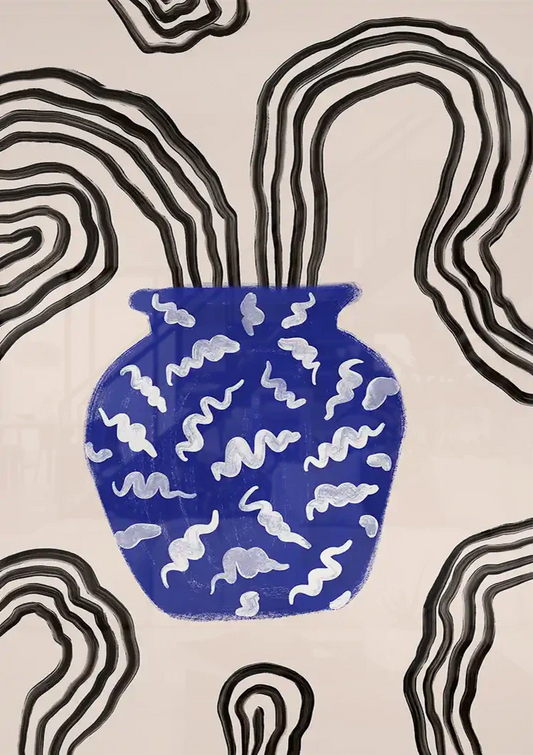 Blauwe Vaas Witte Motieven Beige Achtergrond Zwarte Golven Grafisch Canvas Schilderij