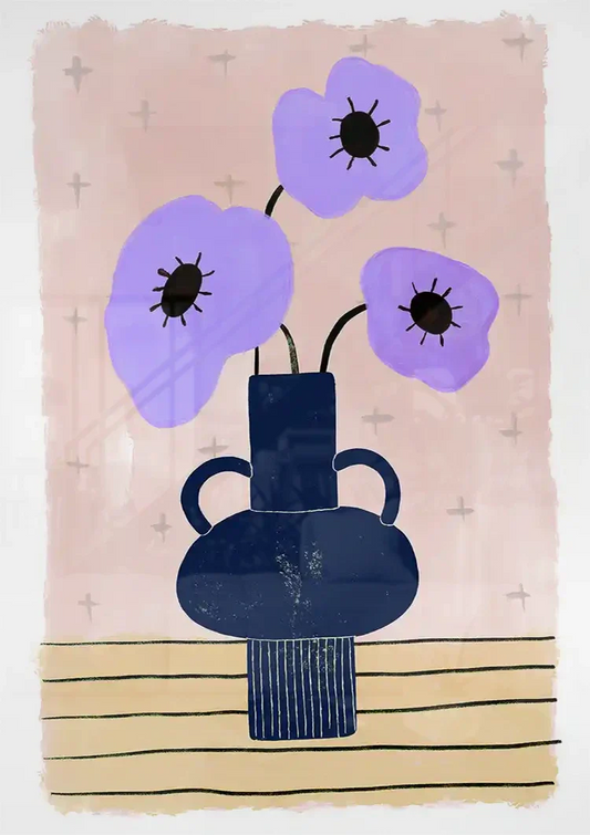 Lavendelbloemen in een vaas canvas schilderij in paars en donkerblauw, botanisch en minimalistisch