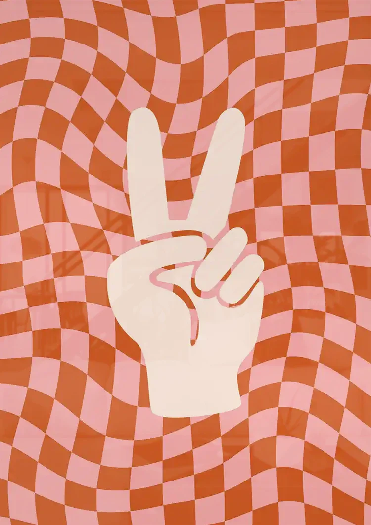 Peace Sign Hand Orange Pink Retro Checkered Painting