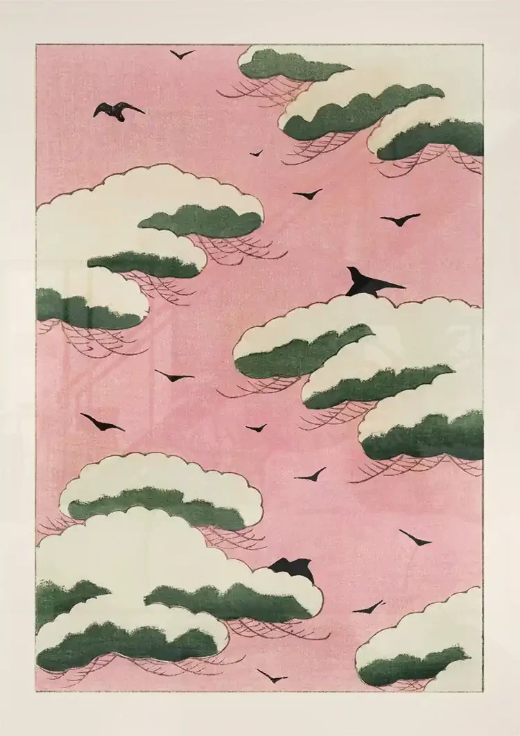 Japanisches Rosa Himmel Grüne Wolken Schwarze Vögel Gemälde