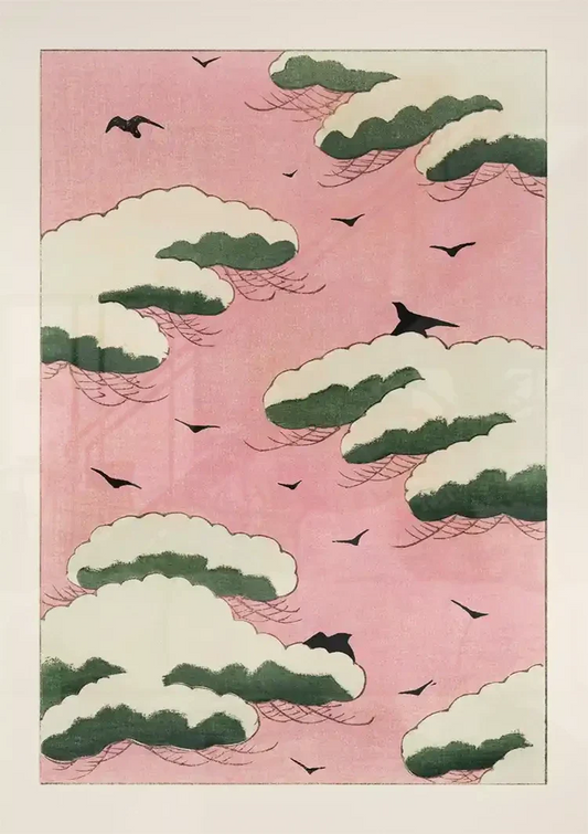 Japanse roze lucht met vogels canvas schilderij boven het bed in de slaapkamer